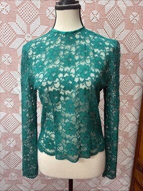 Vintage Emerald Green Lace Button Back Blouse